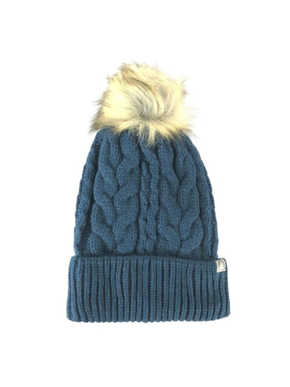 Cirque Beanie Hat Cable Knit Faux Fur Pom Cuffed Fleece Lined Navy Blue One Size